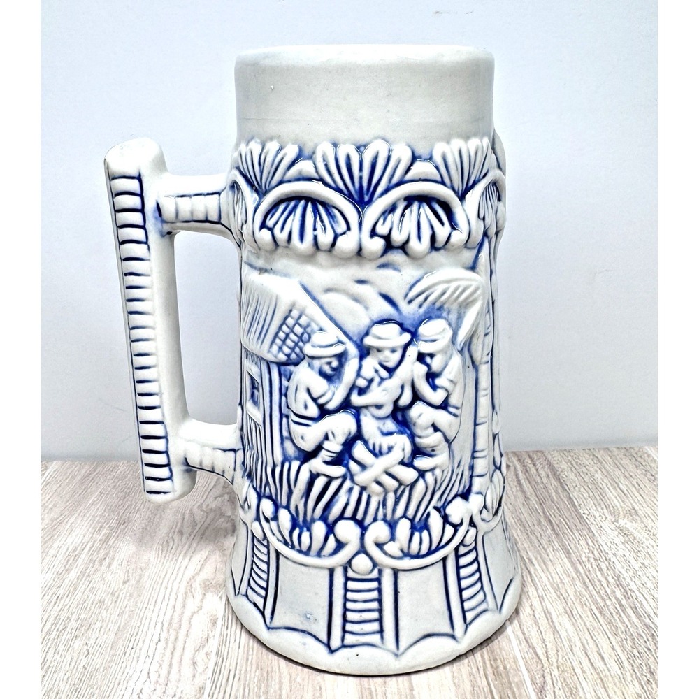 Vintage Blue White Beer Stein Mug Relief German Style Brazil Stoneware